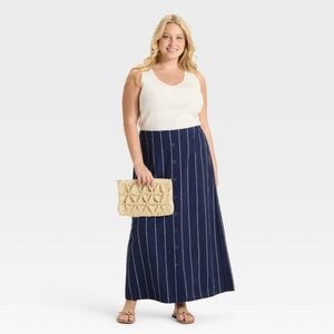 Ava & Viv Navy Blue Striped Button front Maxi Skirt